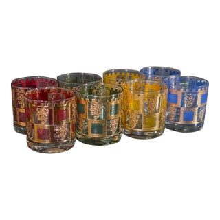 Vintage West Virginia Glass 'Henry Viii' Jewel Tone & Gold Rocks Glasses - Set of 8 For Sale