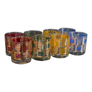Vintage West Virginia Glass 'Henry Viii' Jewel Tone & Gold Rocks Glasses - Set of 8