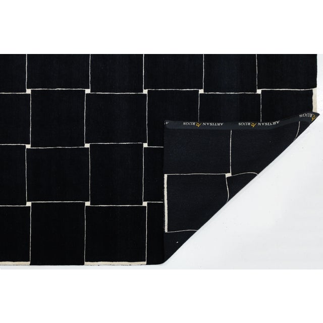 Contemporary Modern Minimalist Black & Ivory Geometric Grid Wool Area Rug 10x14 For Sale - Image 3 of 12