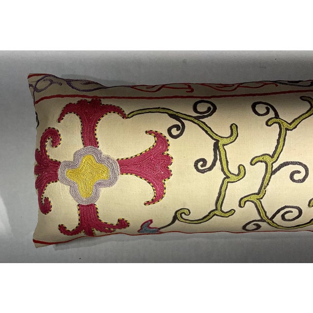 Single Antique Silk Embroidery Suzani Pillow For Sale - Image 10 of 11