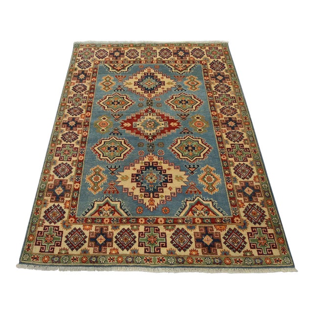 Kazak Rug 5′ X 6’7” Blue Wool Tribal Hand-Knotted Oriental Carpet For Sale