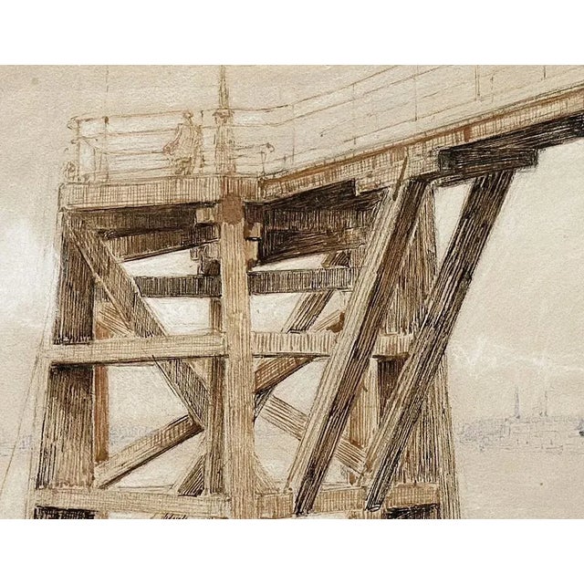 Early 1900's Antique French Mixed Media Drawing on Paper of Dock With Mat, by French Artist Edouard Pannetier For Sale - Image 4 of 4