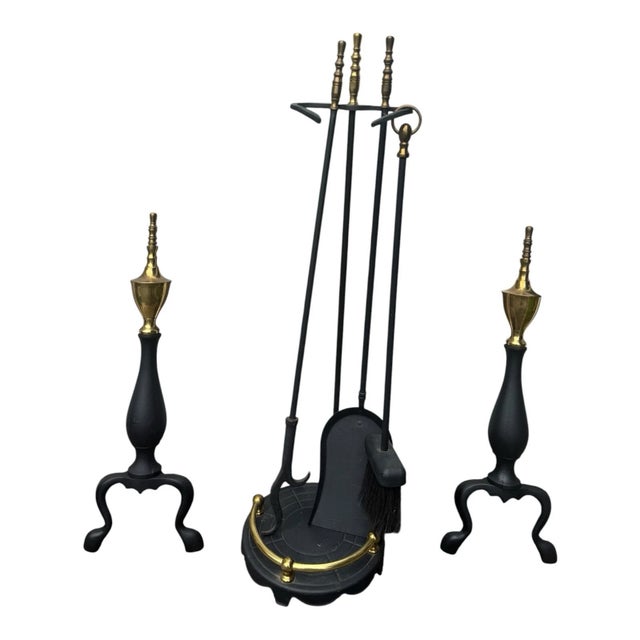 Traditional Vintage Federal Style Fireplace Andirons & 4 Pc Tool Set Cast Iron Brass For Sale - Image 3 of 14