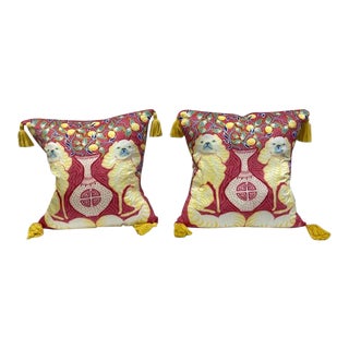 Pair of 2000s Paige Gemmel Silk Chinoiserie Staffordshire Dog Pillows by Pink Lion Dog For Sale