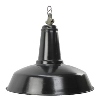 Vintage French Industrial Black Enamel Pendant Lamp For Sale