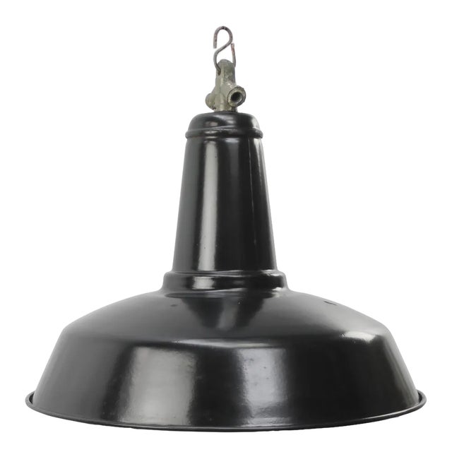 Vintage French Industrial Black Enamel Pendant Lamp For Sale