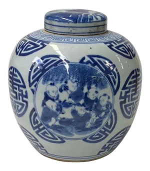 Hand-Paint Kids Graphic Blue White Porcelain Ginger Jar