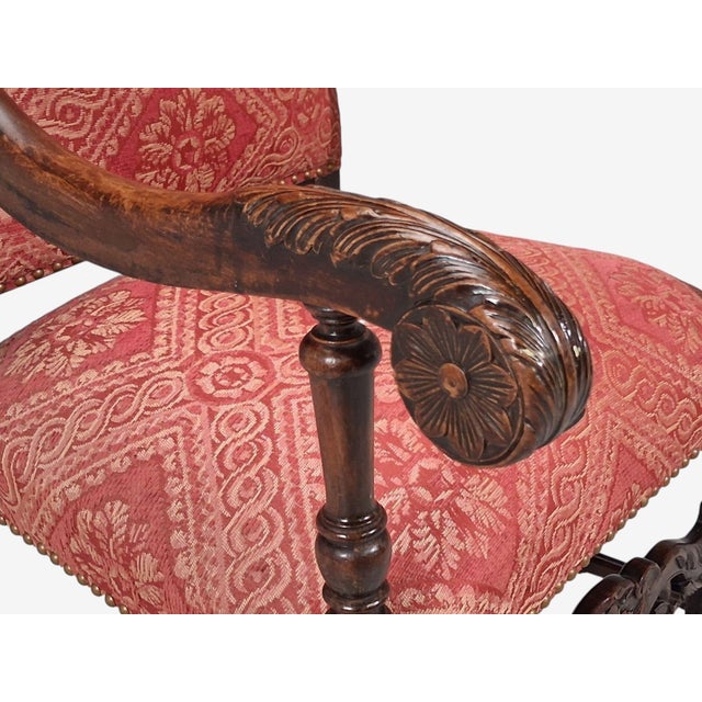 Baroque Style, Large Armchairs, Carved Wood, Red Damask, England, 1920s For Sale - Image 9 of 16