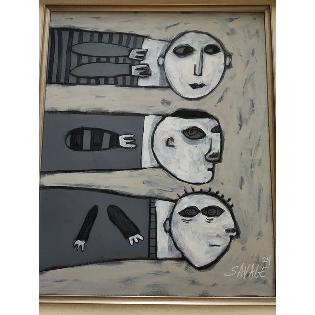 Painting of 3 gray people using acrylic paint in a silver frame. Shawn Savage, a noted Plam Springs artist who passed in...