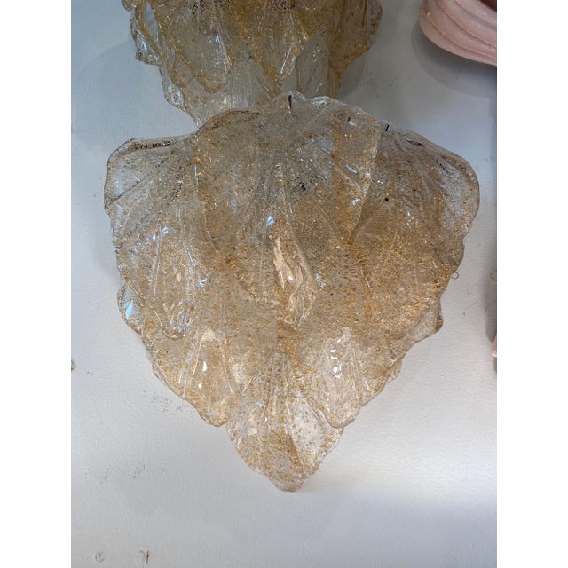 Vintage pair of Murano Mazzega glass leaf leaves wall sconces. Holds 2 bulbs each. No chips or breaks on leaves. The...