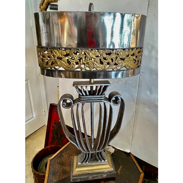 Slate Gray Wrought Iron & Polished Metal Shade Table Lamp, Prototype, France, 1940s For Sale - Image 8 of 18