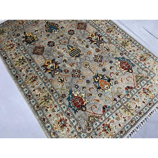 Sultani Pomegranate Floral Wool Rug in Gray, Teal and Burgundy, 5' X 6'9" For Sale - Image 12 of 15