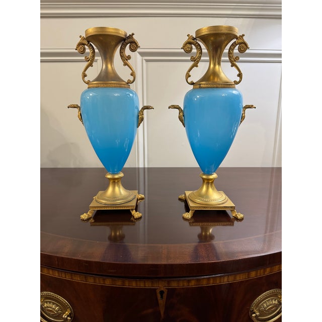 Blue Pair Antique French Blue Opaline Urns With Ormolu Mounts Cherub Finials Eagle Handles 19th Century For Sale - Image 8 of 15