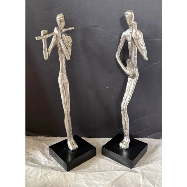 Abstract Modern Abstract Cast Aluminum Jazz Musician Sculptures, Set of 2, Silver Metal Figurines, Flute & Guitar Players Contemporary Music Decor 16” Statues For Sale - Image 3 of 12