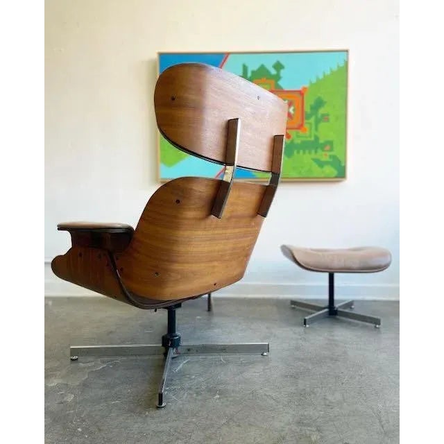 Mid-Century Modern Vintage Leather Plycraft Lounger & Ottoman For Sale - Image 3 of 10