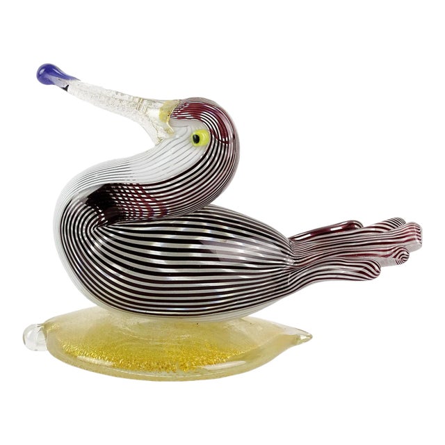 Vintage Murano Dino Martens Black White Stripes Gold Leaf Base Italian Art Glass Bird Figure Sculpture For Sale