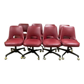 1970s Mid-Century Swivel Vinyl Dining Chairs With Key Hole Backs - Set of 8 For Sale