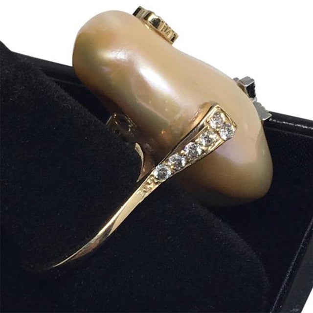 Diamond Freshwater Pearl Ring 14Karat Gold Baroque Women 33.45 mm Certified For Sale In New York - Image 6 of 9