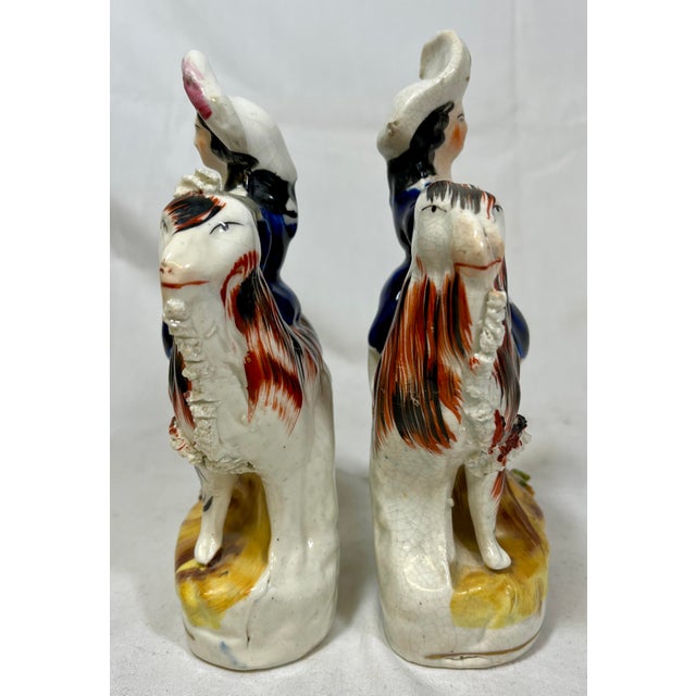 Antique Pair of 19th Century Staffordshire Figurines Depicting Period Dressed Women Riding Goats - From England. Whimsical...
