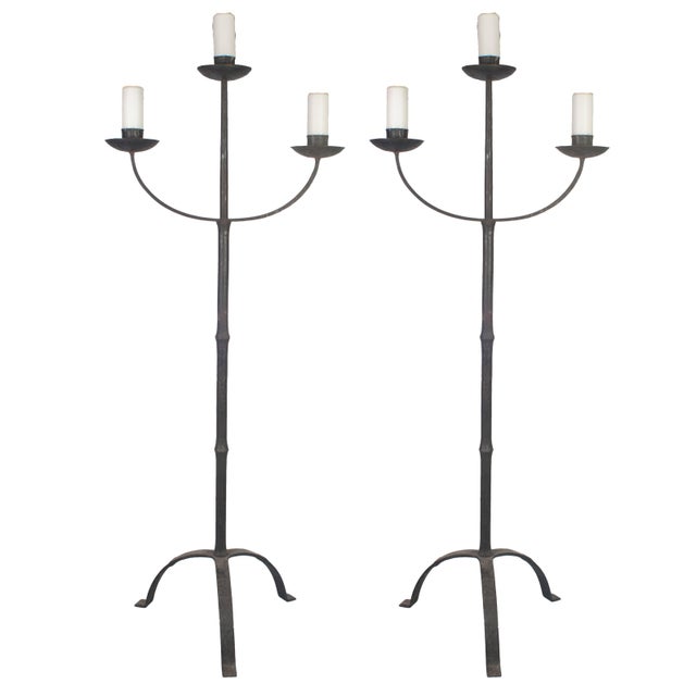 Pair Of Early Italian Cast Iron Standing Floor Candelabras With Three Arms