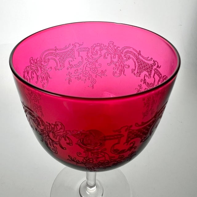 Art Nouveau Early 20th Century Art Nouveau Etched Fuchsia Crystal Goblets Set of 6 For Sale - Image 3 of 3