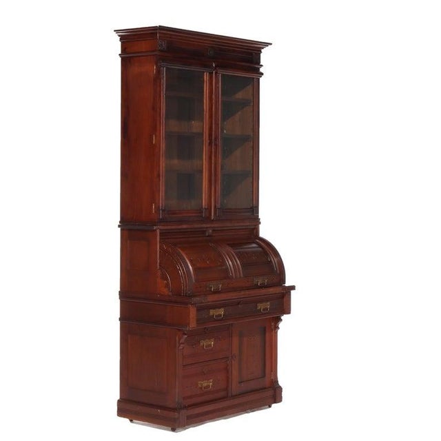 Antique Eastlake Chip Caved Walnut Barrel Roll Cylinder Secretary Desk C1890 For Sale - Image 15 of 18