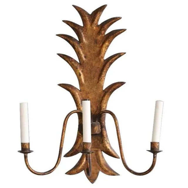 Large 1950s Spanish Gilt Metal Foliate Three-Arm Wall Sconce For Sale - Image 11 of 11