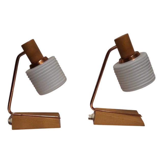Vintage Bedside Lamps with Copper Frame and White Patterned Glass Shade, 1960s, Set of 2 For Sale