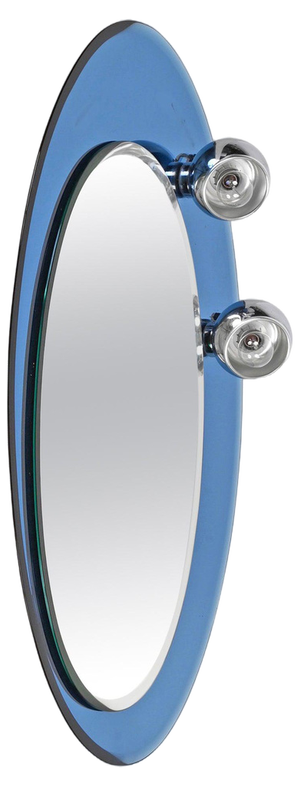 Mid-Century Oval Wall Mirror with Blue Glass Frame and Magnetic Lights, Italy, 1960s