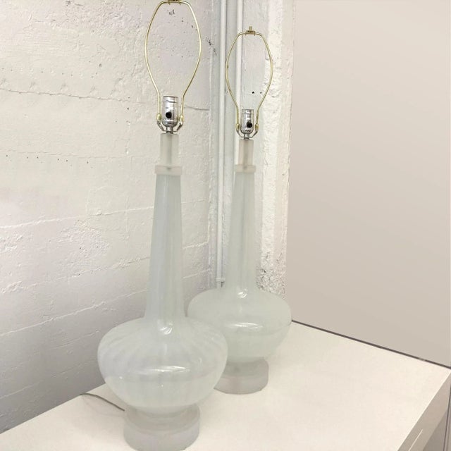 Pair of White Vintage Murano Table Lamps from Mid-Century are rebuilt and rewired. The lamp is remounted on a round...