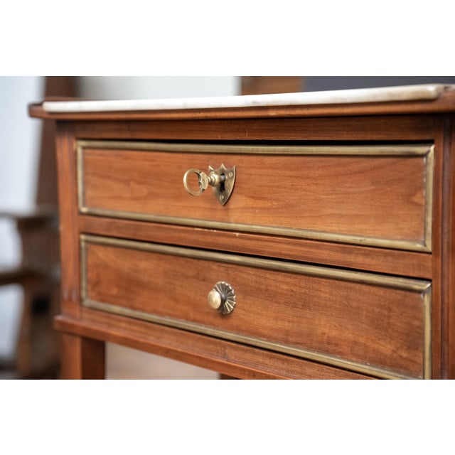 Pair of French Nightstands or Bedside Tables of Mahogany With Inset Marble Tops For Sale - Image 9 of 12
