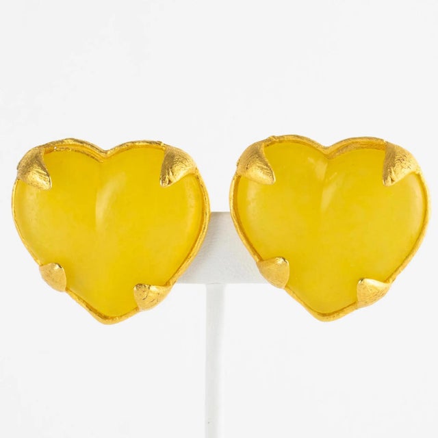 Contemporary Edouard Rambaud Paris Citrus Yellow Acrylic Gilded Heart Clip-on Earrings For Sale - Image 3 of 9