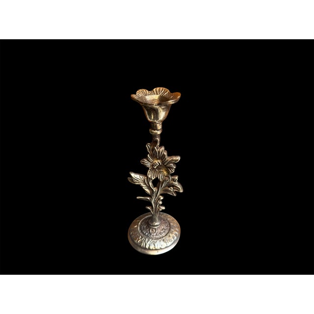 2020s Handmade Antiqued Brass Floral Candlestick Pair For Sale - Image 5 of 8