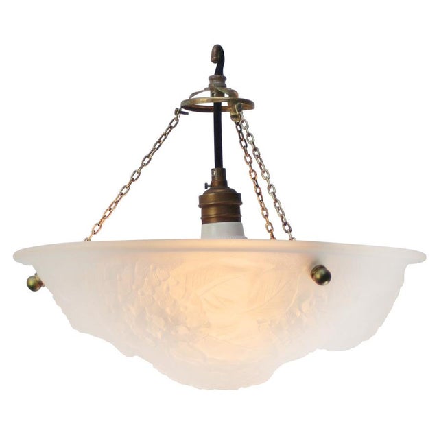 Art Nouveau French Brass and White Pressed Glass Pendant Light, 1920s For Sale - Image 3 of 8