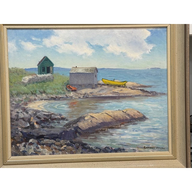 1960s Fish Houses, Summerville Oil Painting on Board Signed by Canadian Gordon Payne For Sale - Image 14 of 14