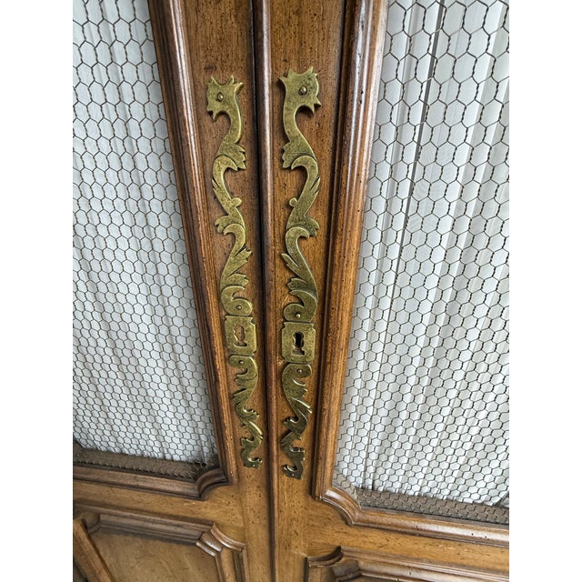 Vintage Auffray & Co French Country Provincial Tall Carved Fruitwood Armoire Cabinet Wardrobe. Item features solid wood...