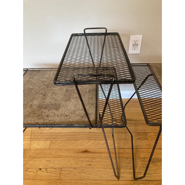 Mid 20th Century Vintage Wrought Iron Tiered End Tables Pair Metal Mesh - Salterini, Diamond, Galef Style Mid Century For Sale - Image 6 of 12