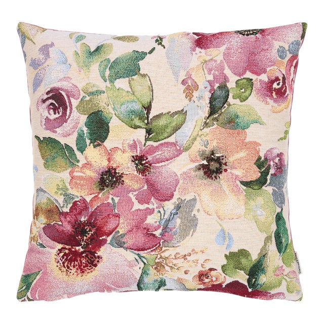 Meadow Blooms Cream Woven Cushion With Feather Filler - 42x42cm (17"x17") For Sale