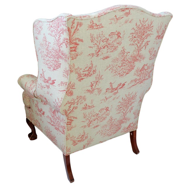 Queen Anne Queen Anne Style Wingback Armchair in Red Toile De Jouy For Sale - Image 3 of 14