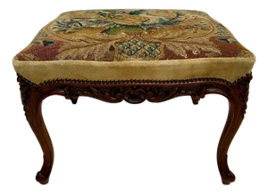 Louis XV–Style Carved Ottoman Footstool With Antique Flemish Tapestry