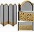 A vintage four-panel folding fireplace screen featuring black metal mesh with warm brass accents. Each panel has a...
