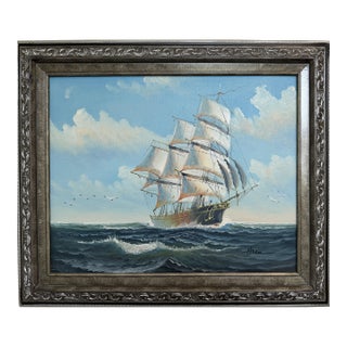 Signed Original Oil Painting Tall Ship at Sea Maritime Nautical Ocean Seascape For Sale