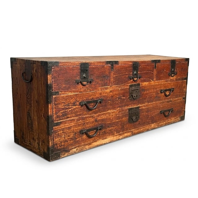 Impressive patina on this early possibly Edo period Japanese Dansu Sword Chest. This chest has a low profile and is great...