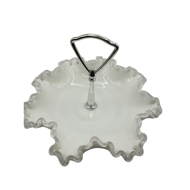 Glass 1950’s Fenton Milk Glass Bon Bon Dish With Silver Crest Rim and Metal Handle For Sale - Image 7 of 10