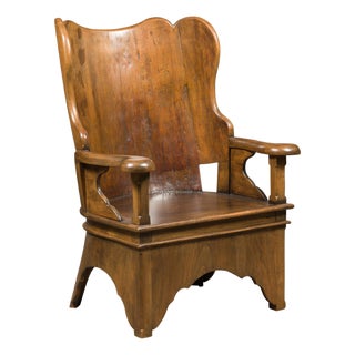 Rustic 19th Century English Walnut Lambing Chair with Carved Base For Sale