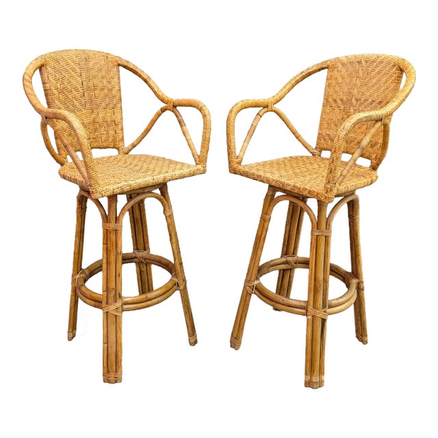1970s Vintage Coastal Chic Pretzel Arm Rattan Swivel Bar Chairs - Set of 2 For Sale