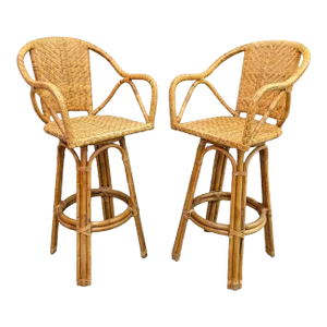 1970s Vintage Coastal Chic Pretzel Arm Rattan Swivel Bar Chairs - Set of 2