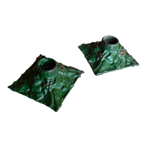 Antique 1920's Holly Cast Iron Hand Painted Candle Holders- A Pair