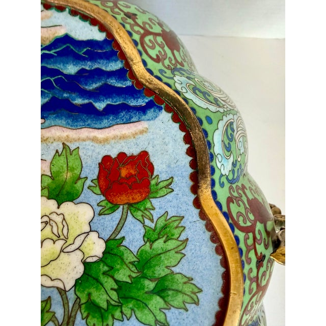 Mid 20th Century Vintage Chinese Cloisonné Pumpkin Form Lidded Vessel With Phoenix & Peony Decoration For Sale - Image 5 of 15
