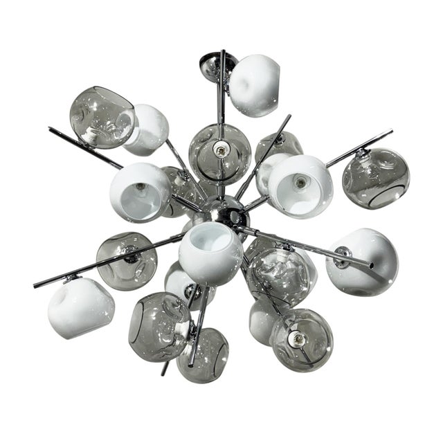 Italian modern Murano sputnik chandelier with a mixture of opaque light gray glass shades and transparent light gray glass...